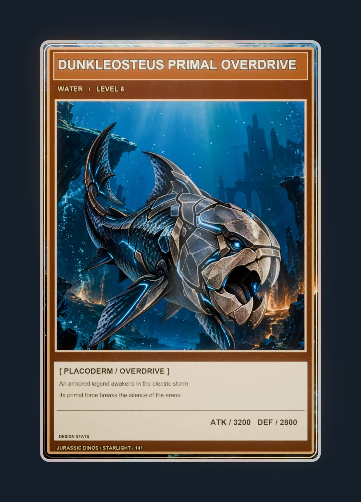 Dunkleosteus anime battle collectible card with holographic foil