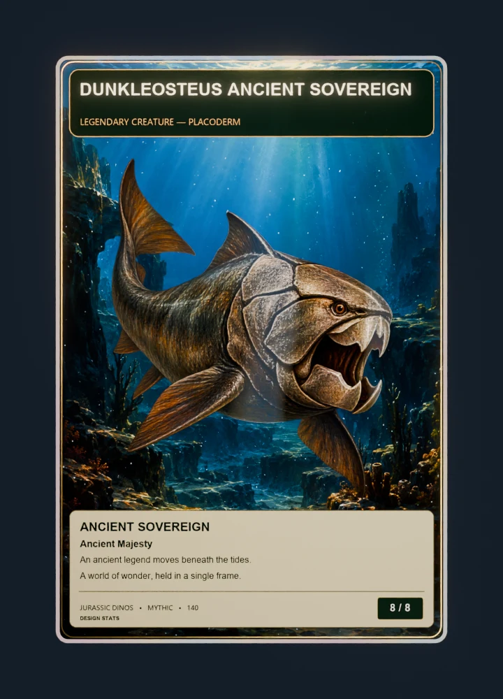 Dunkleosteus fantasy oil painting collectible card with holographic foil