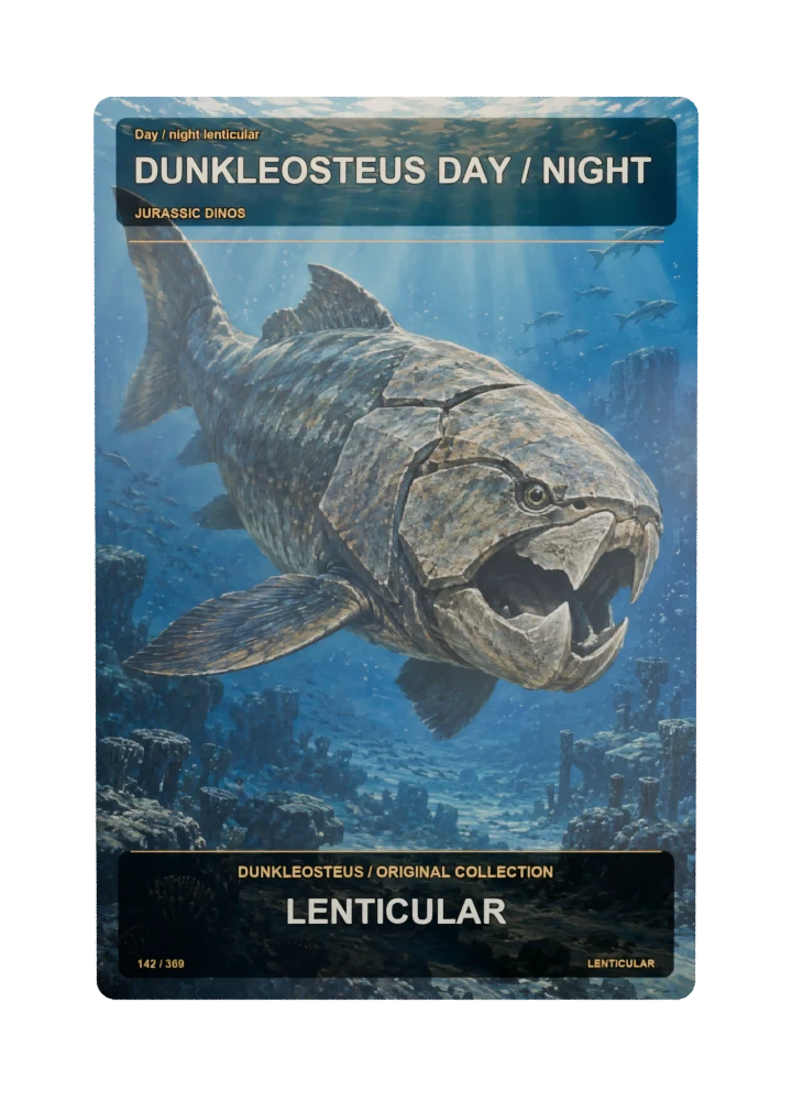 Dunkleosteus day / night lenticular collectible card with two angle-dependent artwork states