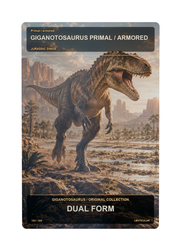 Giganotosaurus primal / armored collectible card with two angle-dependent artwork states