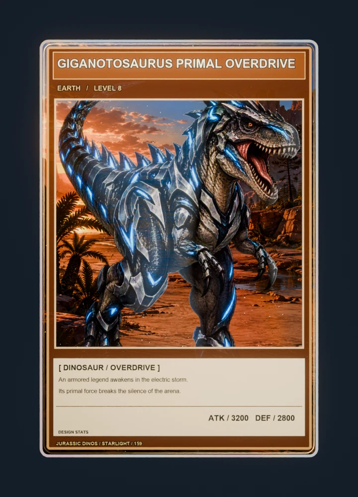Giganotosaurus anime battle collectible card with holographic foil