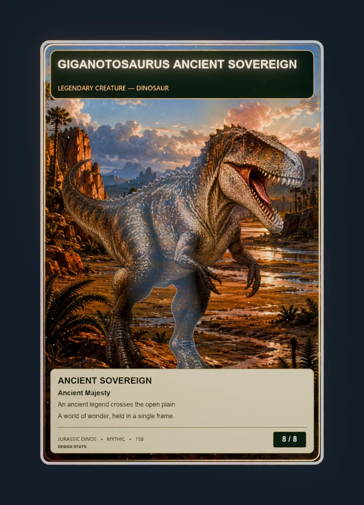 Giganotosaurus fantasy oil painting collectible card with holographic foil