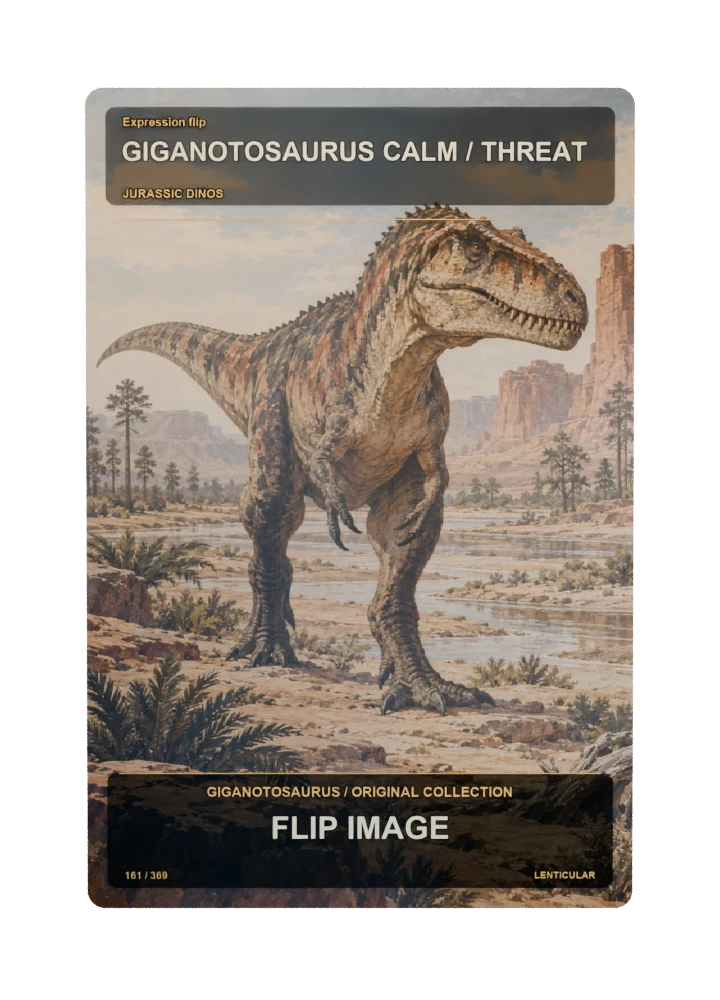 Giganotosaurus expression flip collectible card with two angle-dependent artwork states