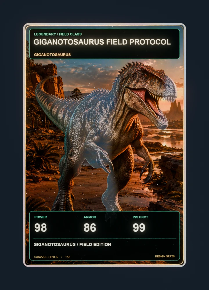 Giganotosaurus realistic 3d game collectible card with holographic foil