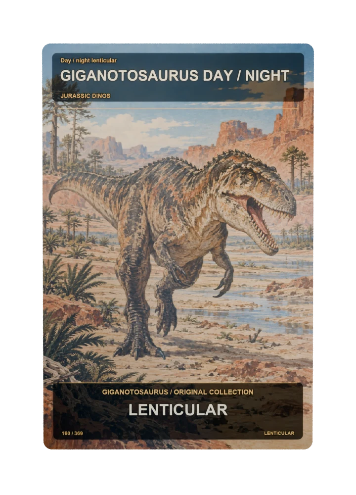 Giganotosaurus day / night lenticular collectible card with two angle-dependent artwork states