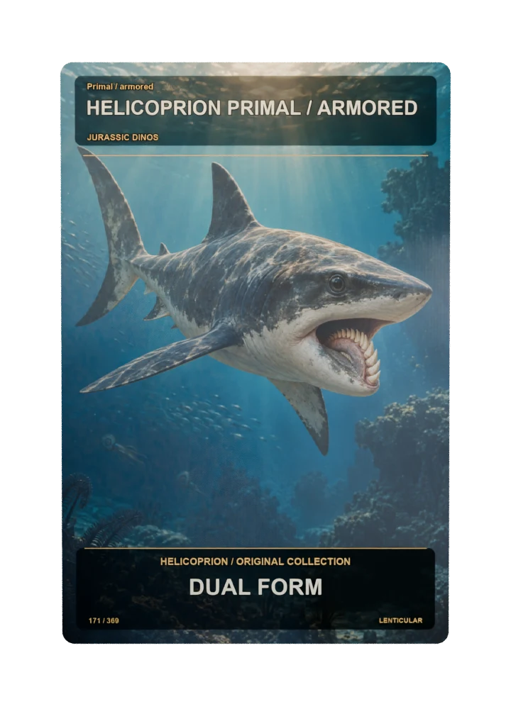 Helicoprion primal / armored collectible card with two angle-dependent artwork states