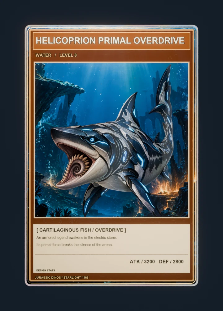 Helicoprion anime battle collectible card with holographic foil
