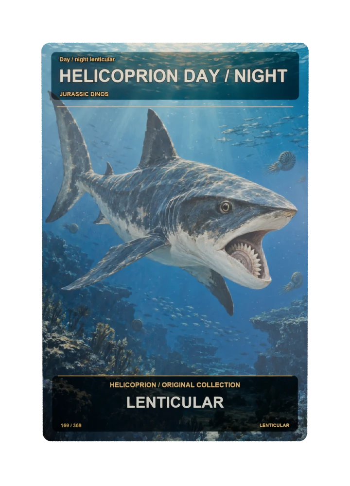 Helicoprion day / night lenticular collectible card with two angle-dependent artwork states
