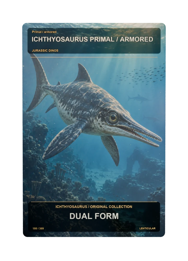 Ichthyosaurus primal / armored collectible card with two angle-dependent artwork states