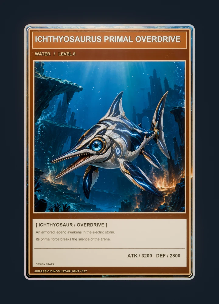 Ichthyosaurus anime battle collectible card with holographic foil