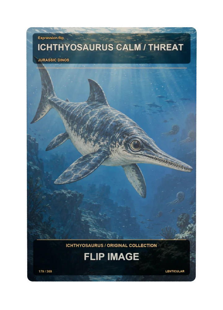 Ichthyosaurus expression flip collectible card with two angle-dependent artwork states