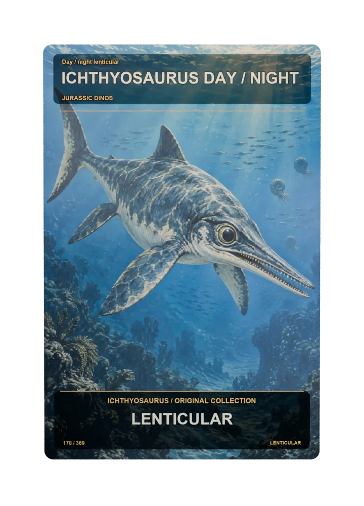 Ichthyosaurus day / night lenticular collectible card with two angle-dependent artwork states