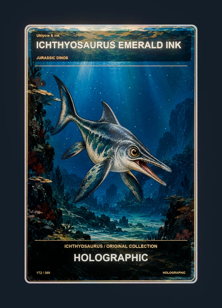 Ichthyosaurus ukiyo-e & ink collectible card with holographic foil