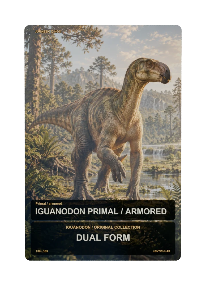 Iguanodon primal / armored collectible card with two angle-dependent artwork states