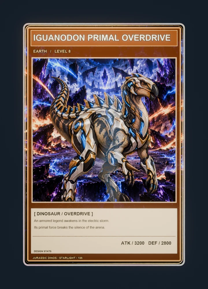 Iguanodon anime battle collectible card with holographic foil