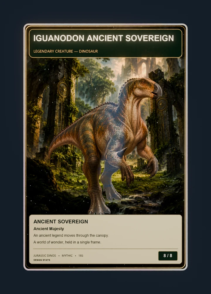 Iguanodon fantasy oil painting collectible card with holographic foil