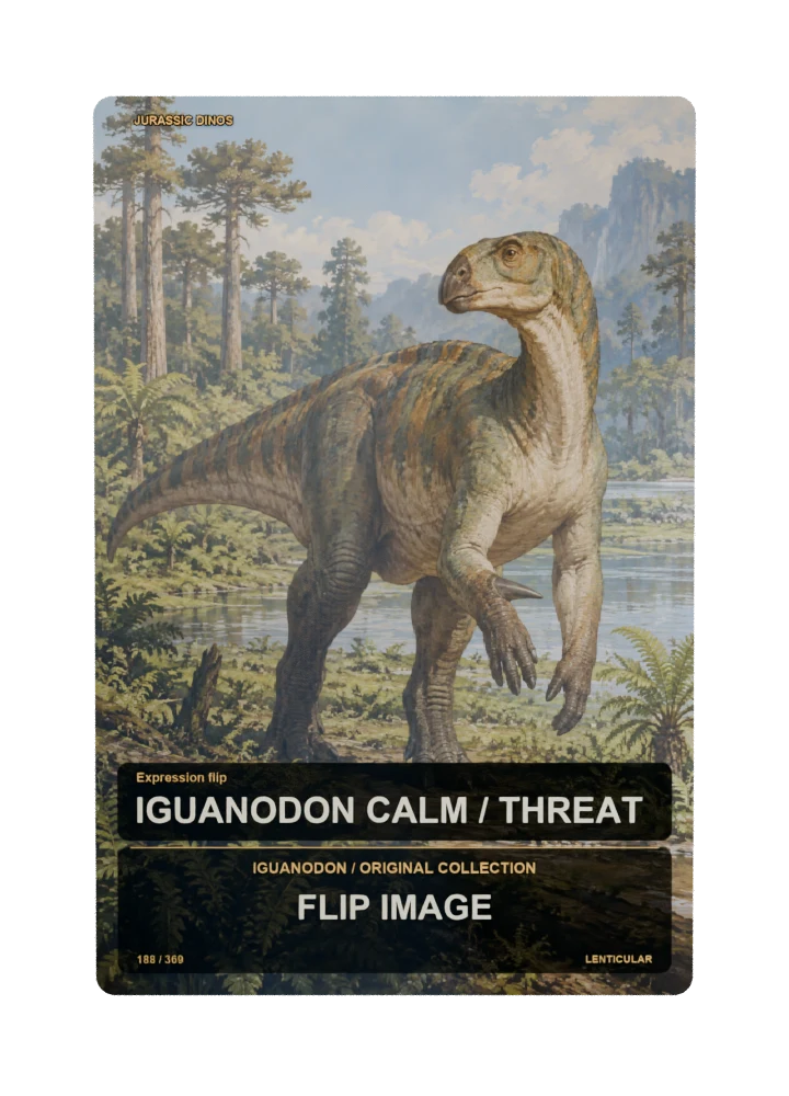 Iguanodon expression flip collectible card with two angle-dependent artwork states