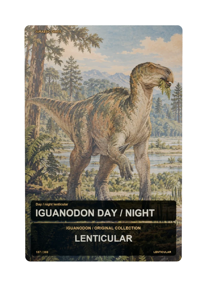 Iguanodon day / night lenticular collectible card with two angle-dependent artwork states