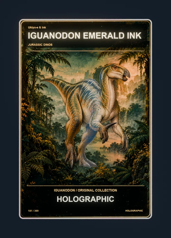 Iguanodon ukiyo-e & ink collectible card with holographic foil