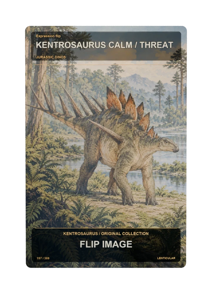 Kentrosaurus expression flip collectible card with two angle-dependent artwork states