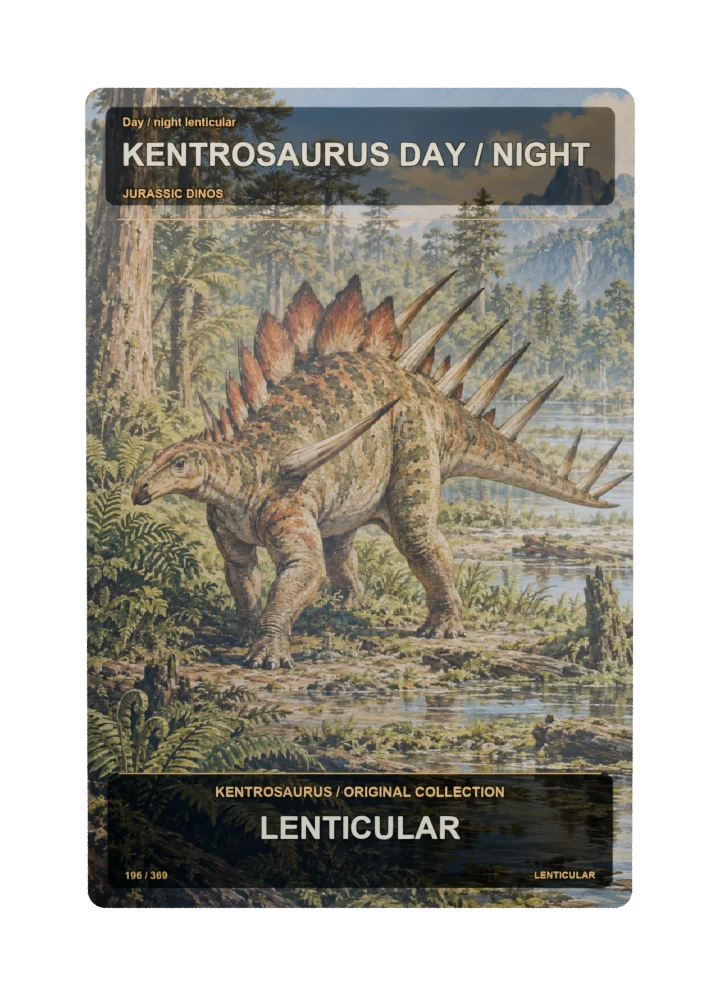 Kentrosaurus day / night lenticular collectible card with two angle-dependent artwork states