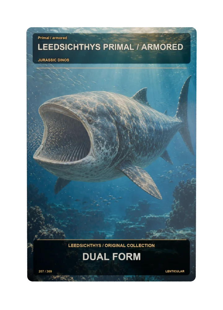 Leedsichthys primal / armored collectible card with two angle-dependent artwork states