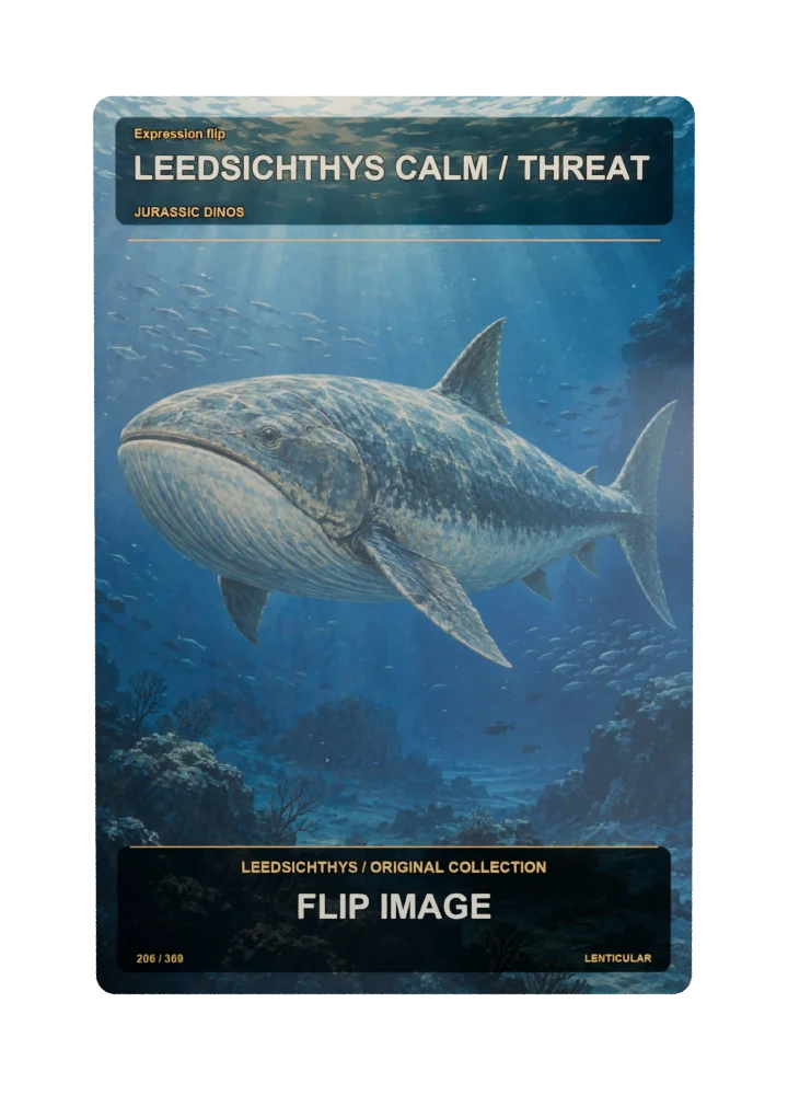 Leedsichthys expression flip collectible card with two angle-dependent artwork states