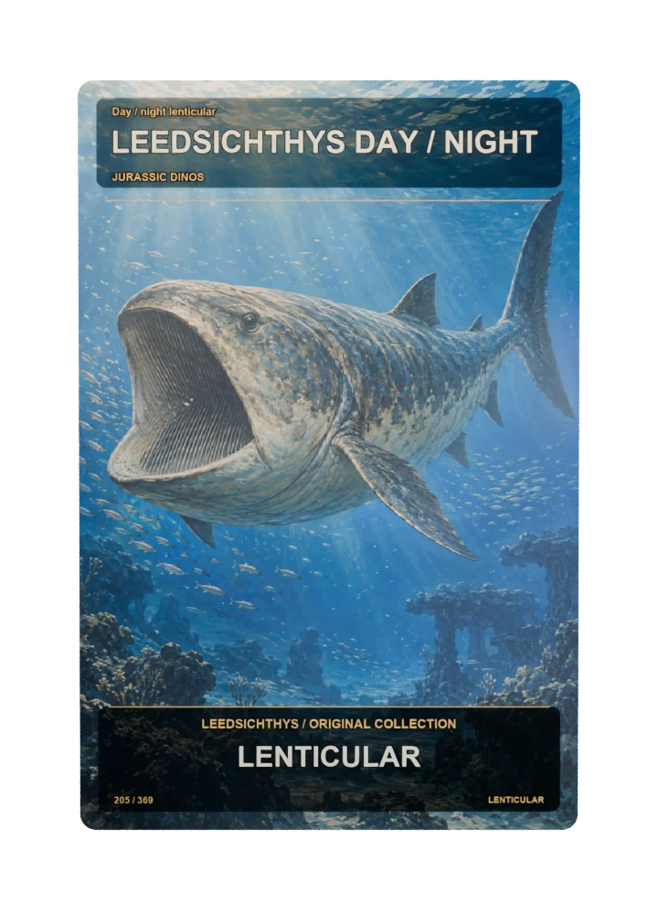Leedsichthys day / night lenticular collectible card with two angle-dependent artwork states