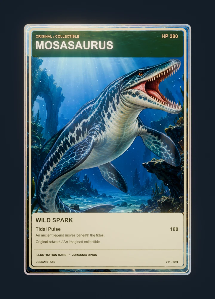 Mosasaurus full-art collection collectible card with holographic foil