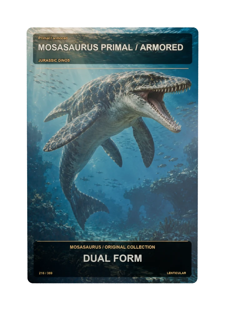 Mosasaurus primal / armored collectible card with two angle-dependent artwork states
