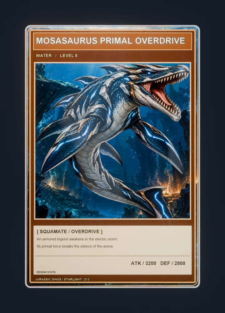 Mosasaurus anime battle collectible card with holographic foil