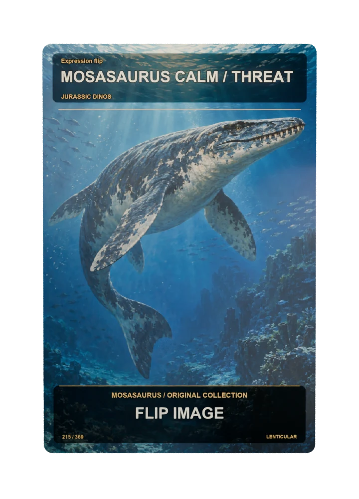 Mosasaurus expression flip collectible card with two angle-dependent artwork states