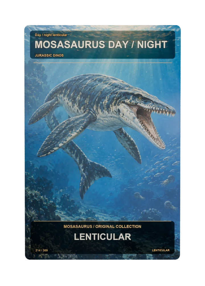 Mosasaurus day / night lenticular collectible card with two angle-dependent artwork states