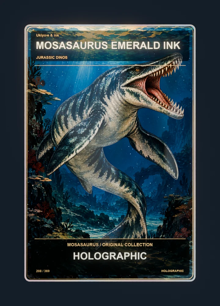 Mosasaurus ukiyo-e & ink collectible card with holographic foil