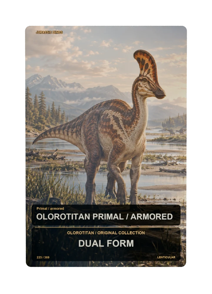 Olorotitan primal / armored collectible card with two angle-dependent artwork states