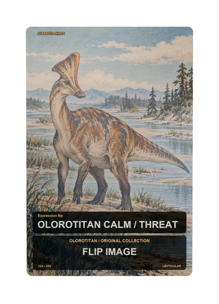 Olorotitan expression flip collectible card with two angle-dependent artwork states