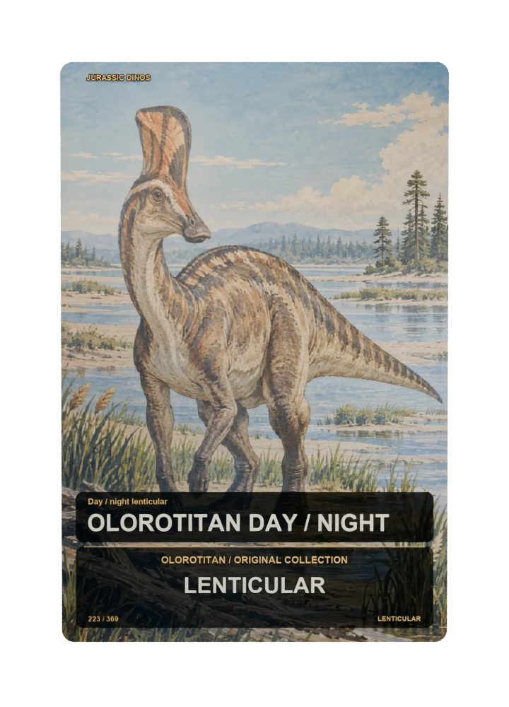 Olorotitan day / night lenticular collectible card with two angle-dependent artwork states