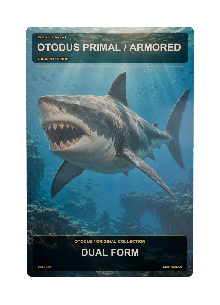 Otodus primal / armored collectible card with two angle-dependent artwork states