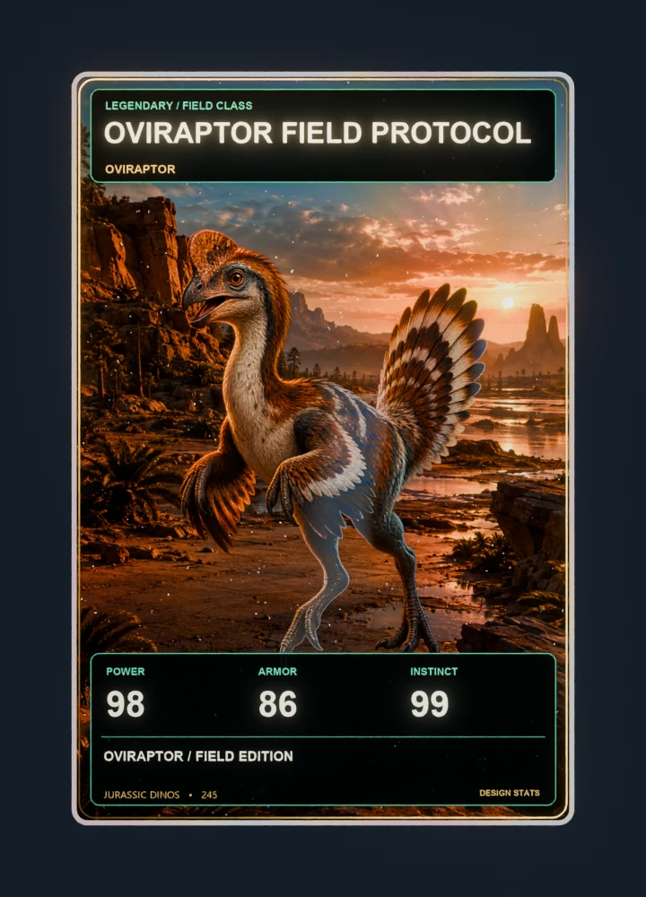 Oviraptor realistic 3d game collectible card with holographic foil