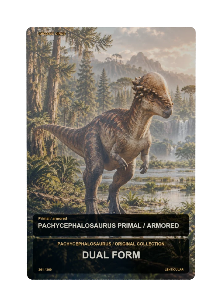 Pachycephalosaurus primal / armored collectible card with two angle-dependent artwork states