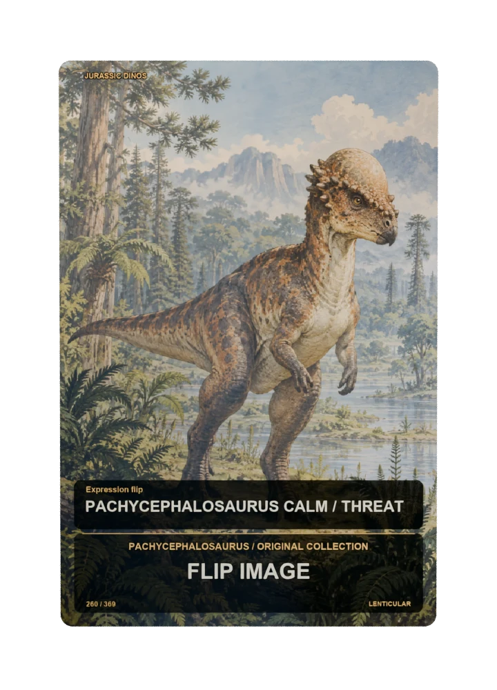 Pachycephalosaurus expression flip collectible card with two angle-dependent artwork states
