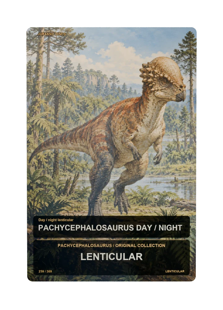 Pachycephalosaurus day / night lenticular collectible card with two angle-dependent artwork states