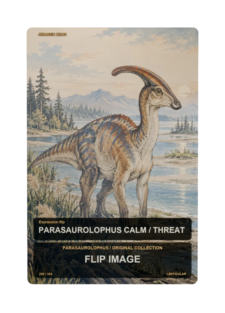 Parasaurolophus expression flip collectible card with two angle-dependent artwork states