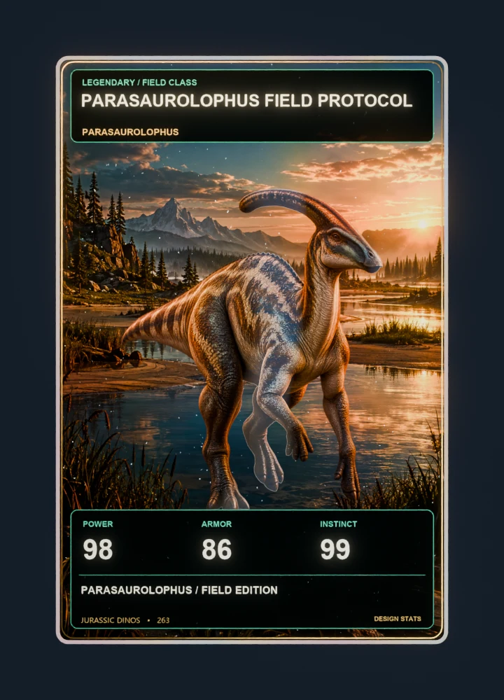 Parasaurolophus realistic 3d game collectible card with holographic foil