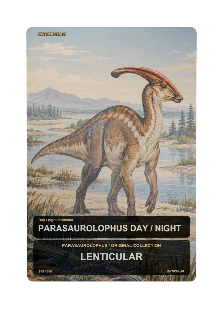 Parasaurolophus day / night lenticular collectible card with two angle-dependent artwork states