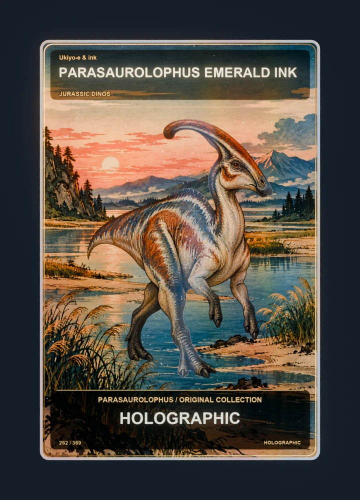 Parasaurolophus ukiyo-e & ink collectible card with holographic foil