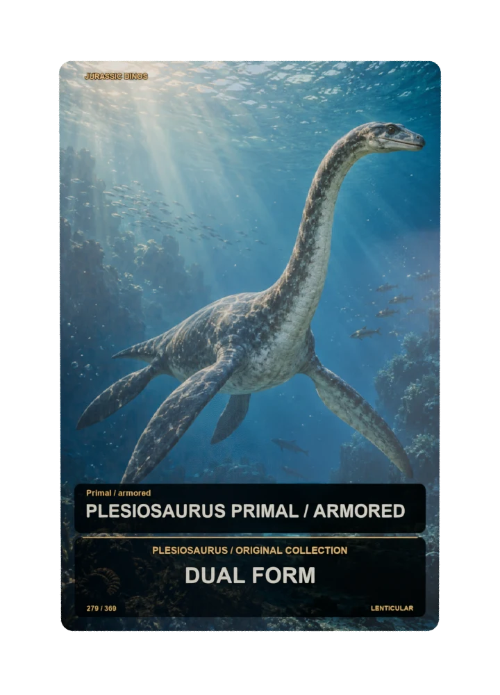 Plesiosaurus primal / armored collectible card with two angle-dependent artwork states