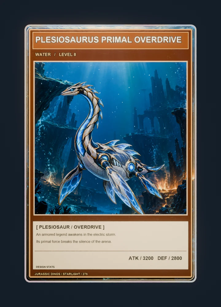 Plesiosaurus anime battle collectible card with holographic foil