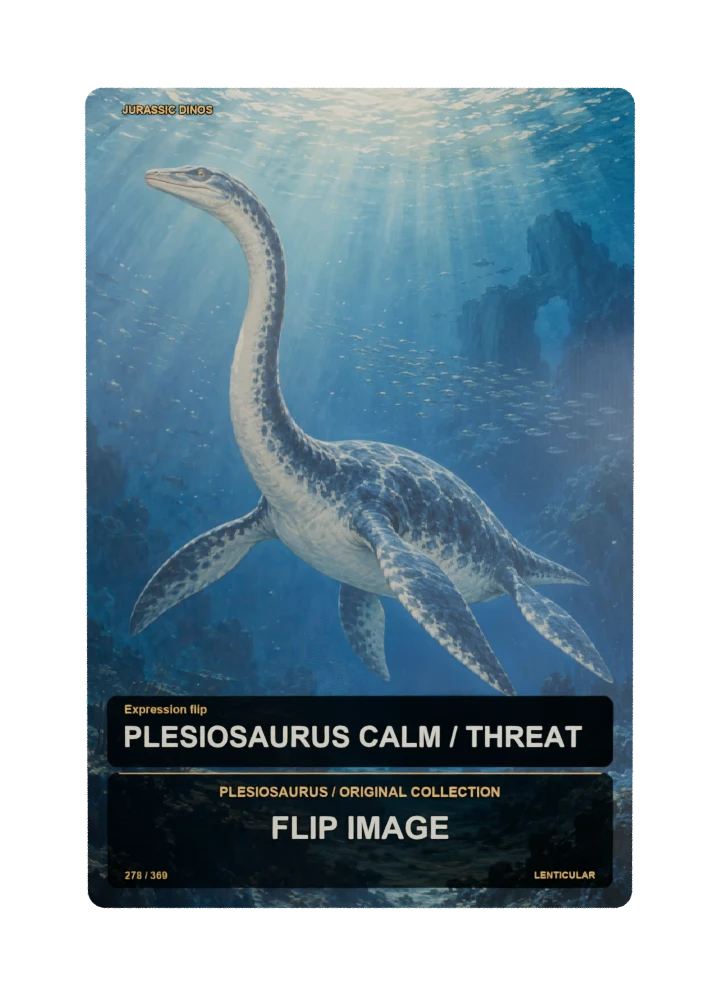 Plesiosaurus expression flip collectible card with two angle-dependent artwork states