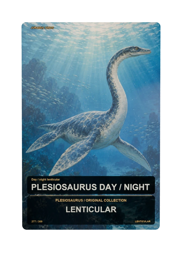 Plesiosaurus day / night lenticular collectible card with two angle-dependent artwork states